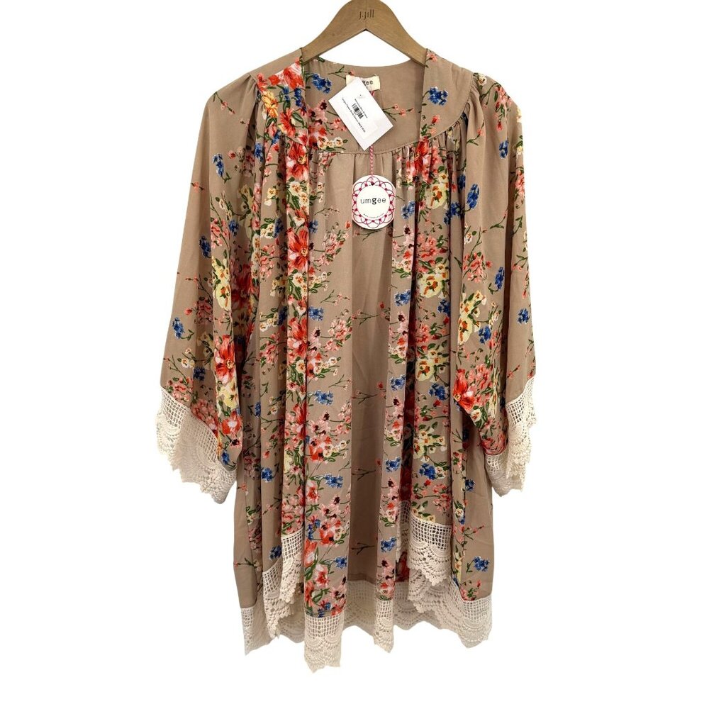 Umgee Flower Bomb boho kimono size‎ small medium tan lace trim open front floral